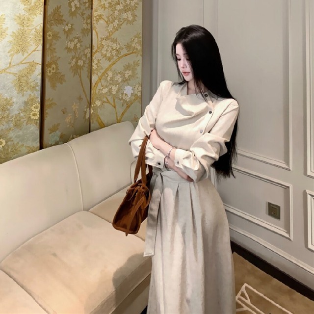 トレンチコート風ワンピース カジュアル 長袖 エレガント ベージュ S M L