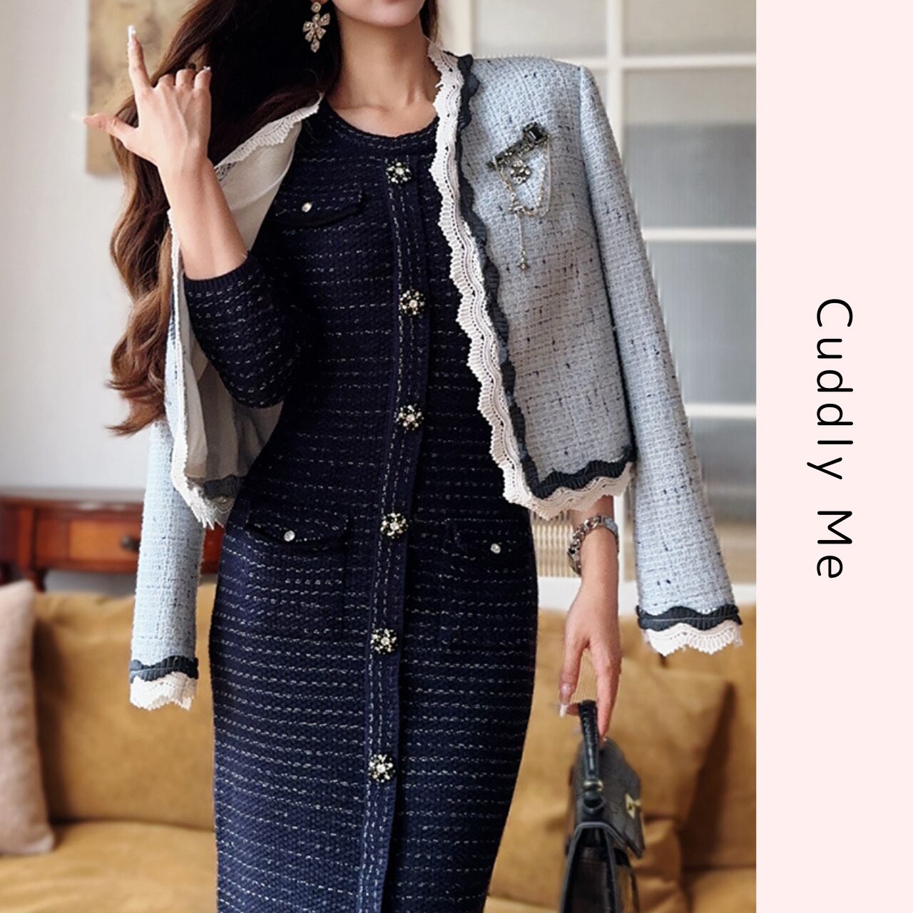 ツイード ビジューボタン ワンピース-ネイビー