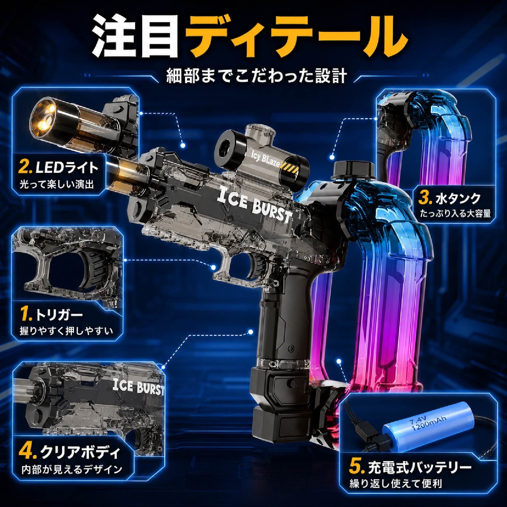 HY 562 . 電動ウォーターガン 水鉄砲 電動水鉄砲 自動連射 LEDライト