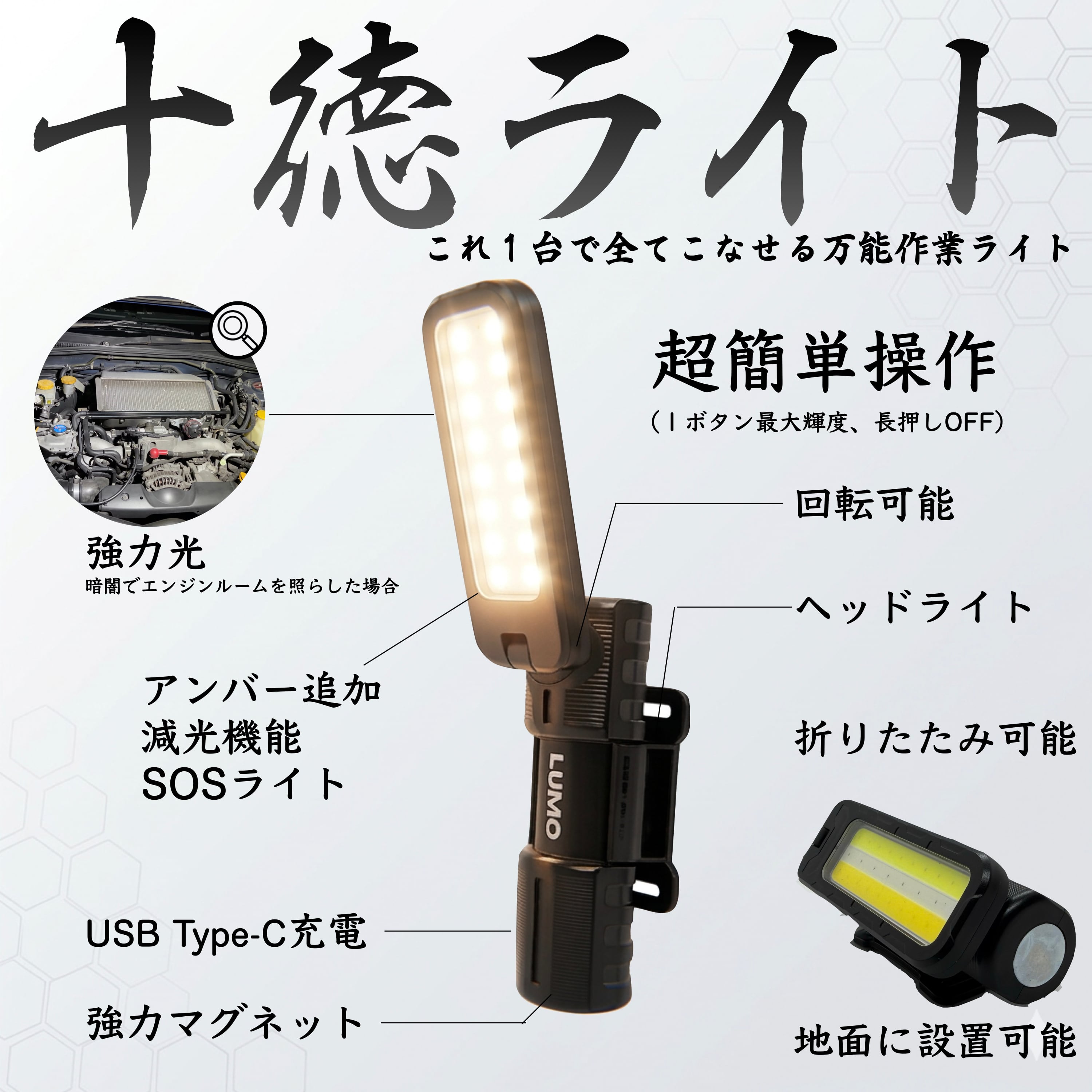 優秀グロウライトメーカーのハイコストパフォーマンスモデル！ これ1台で全部できる 作業ライト｜LUMO 十徳ライト（充電式