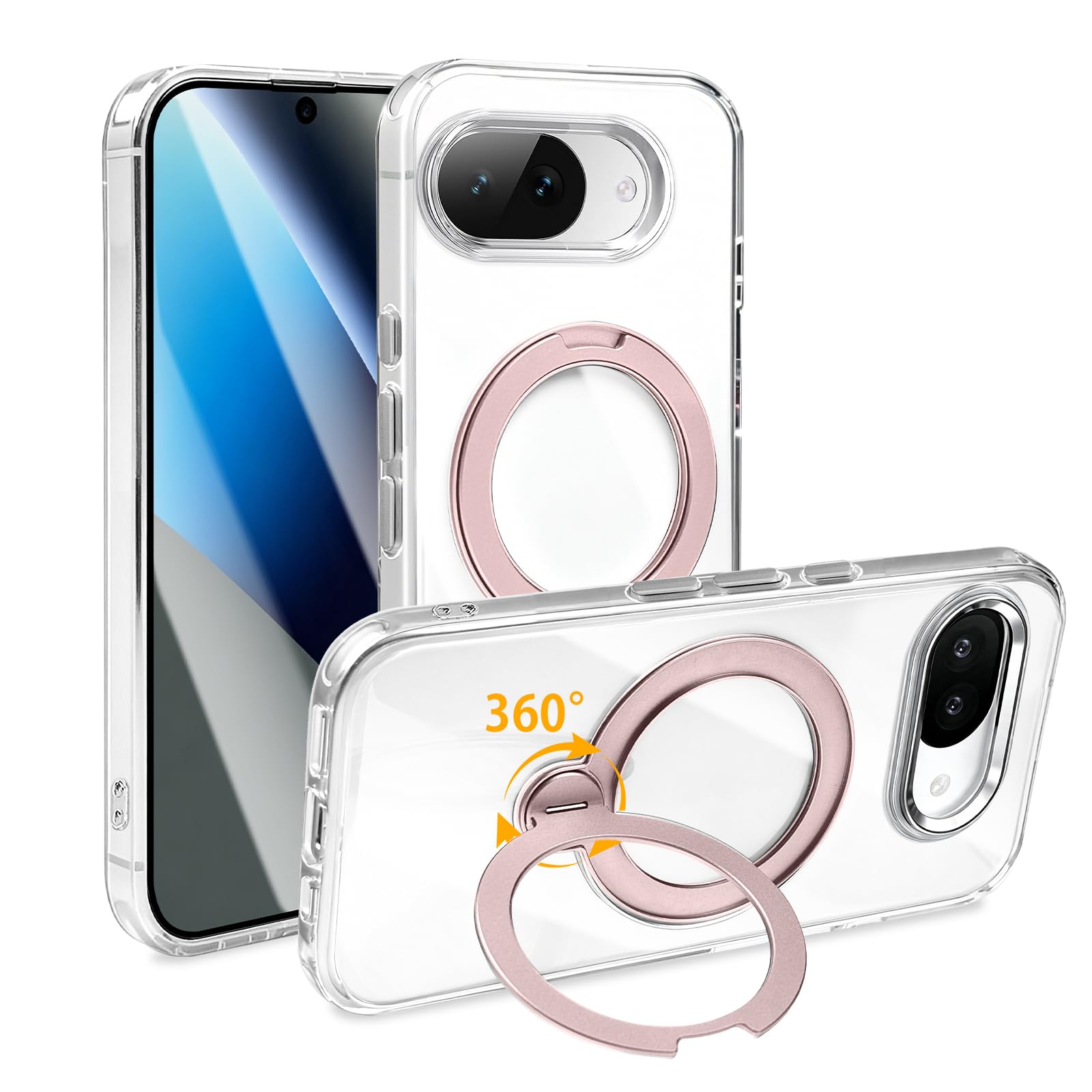 NPOFR SXMO For Google Pixel 10a 用 ケース Magsafe対応 耐衝撃 多機能360°回転スタンド クリア グーグル ピクセル10a スマホケース マグネット搭載 縦横両立 角度自在 調整可能 透明 指紋防止 黄ばみなし 対応 ぐーぐるぴくせる10a カバー 薄型 (ローズゴールド)