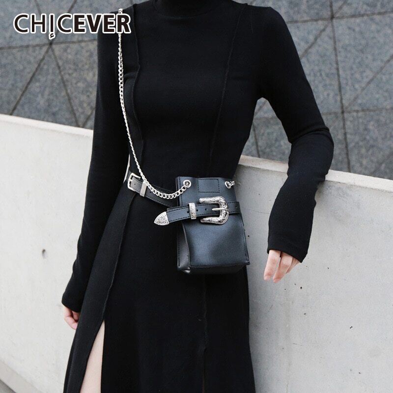 CHICEVERストリートウェアPUウエストバッグレディースリムーバブルチェーンブラックパッチワークベルトバッグアクセサリータイド ハーネス 6base578401873358