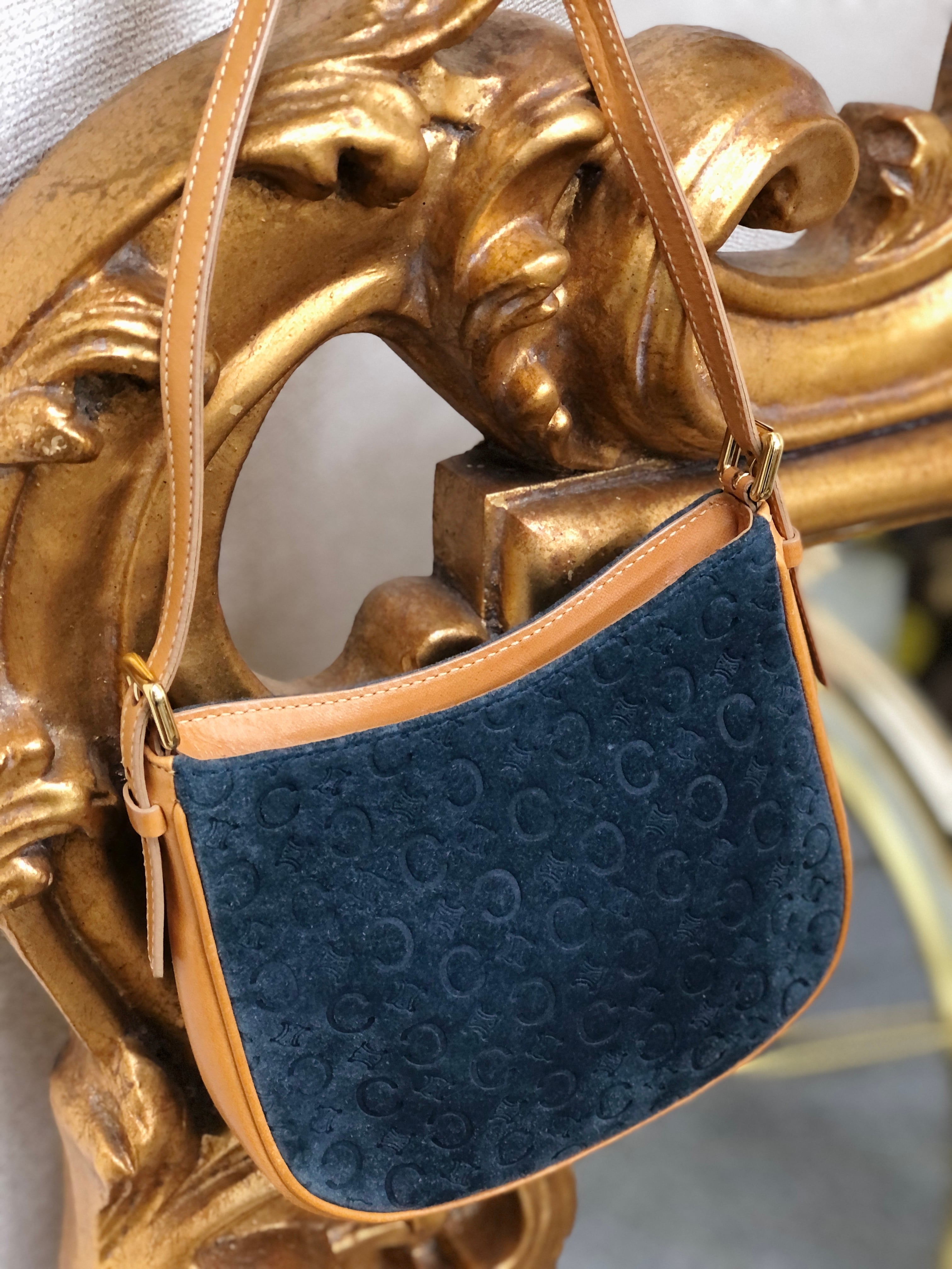 CELINE セリーヌ　レザー×スエード　ミニバッグ　ホーボー　ショルダーバッグ　ネイビー×キャメル　オールドセリーヌ 　ヴィンテージ 　 vintage　cf3mff | VintageShop solo powered by BASE