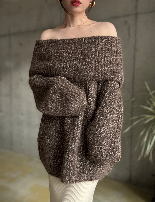 【12/10 21:00〜】MIXニットオフショルオーバーtops【ブラウン】