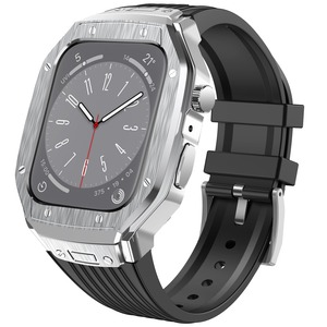【数量限り】for Apple Watch バンドとケースと背面ケースの3in1一体型デザイン アップルウォッチ ベルト 44mm/45mm ビジネス 耐衝撃 Apple Watch Series 9/8/7/6/5/4/SE3/SE2/SE 対応 メンズ かっこいい アップルウォッチ バンド カバー付き(44mm/45mm，シルバーケースとブラックベルト)