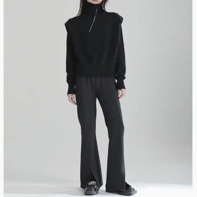 Puff shoulder zip-up stand collar pullover C0887