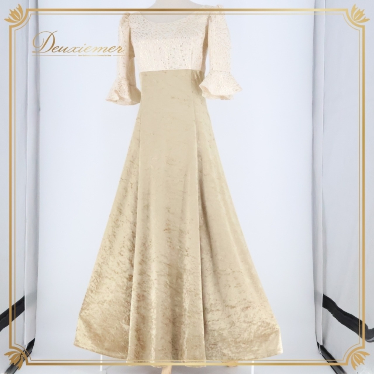 フラダンス 衣装 ワンピース ドレス マーメイドライン エムエムジェイ ゴールド系 MermaidLine MMJ 日本製 ベロア 長袖 異素材 上品 高級感 光沢 豪華 きれい かわいい ハワイアン アロハ ハワイアンプリント フラ ダンス レッスン 練習