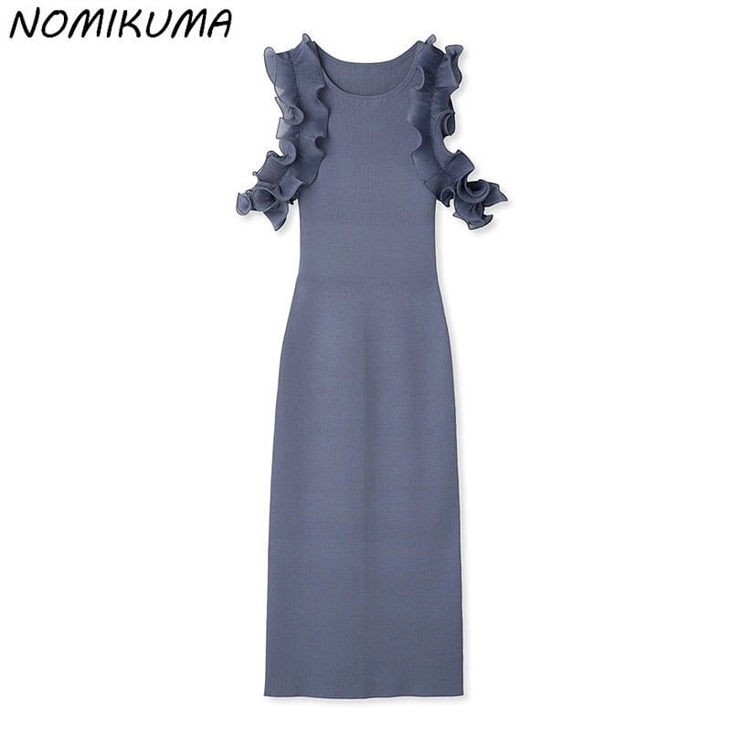 Nomikuma スタイルニットスリムストレッチドレスシック花びらスリーブ