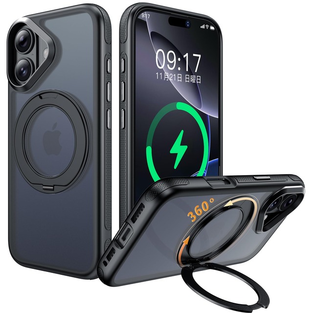 iphone 17 ケース Magsafe対応 クリア 360°回転スタンド(ブラック)