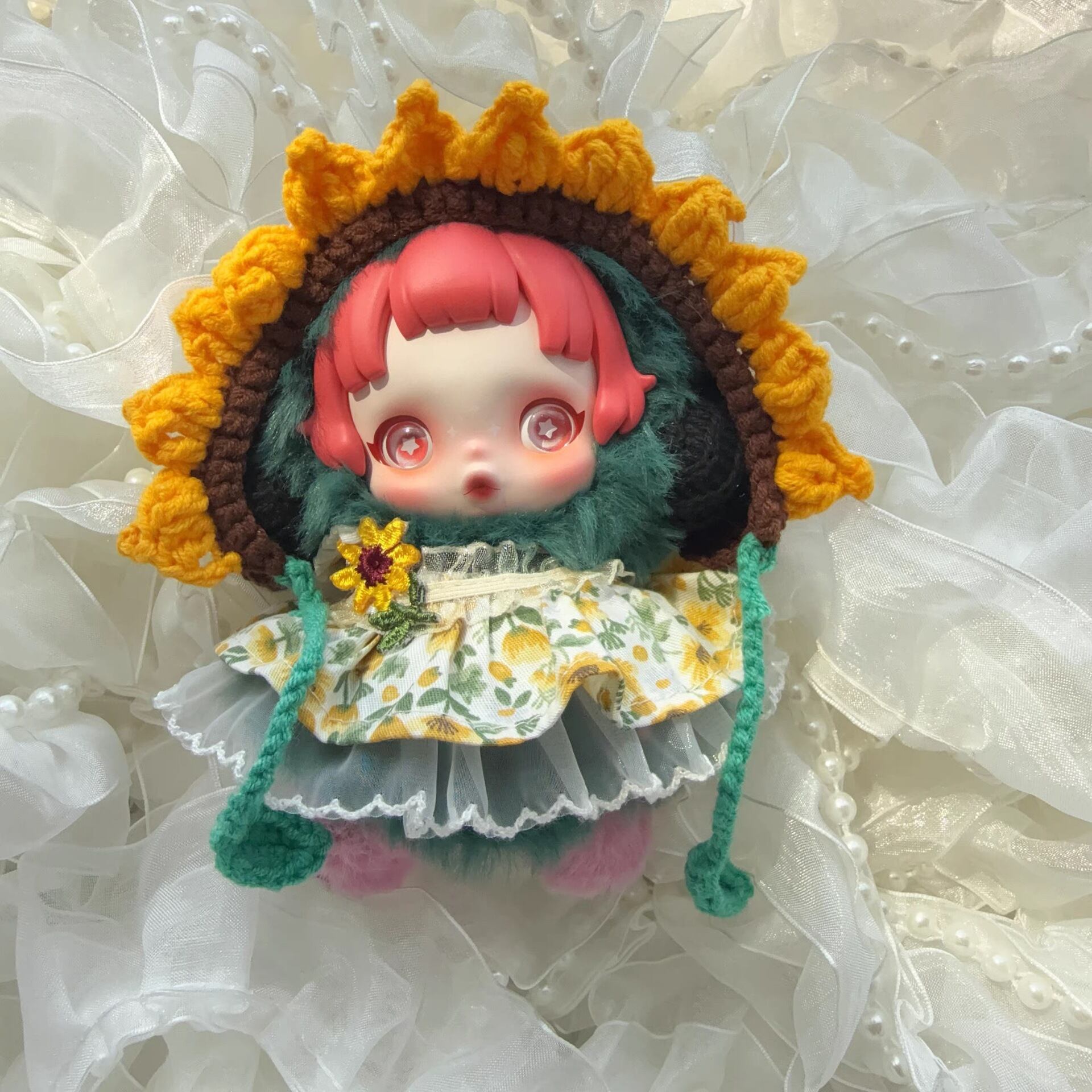 スカルパンダ用 花柄ワンピース+手編み ひまわり帽子 SKULLPANDA