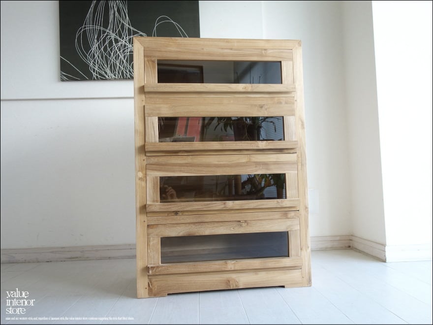 「 アミノ様 サイズオーダーガラスチェスト 」チーク総無垢材 前面ガラス引出4杯N 食器棚 チェスト キャビネット 収納棚 シンプル 箪笥 手づくり ナチュラル 無垢 銘木家具