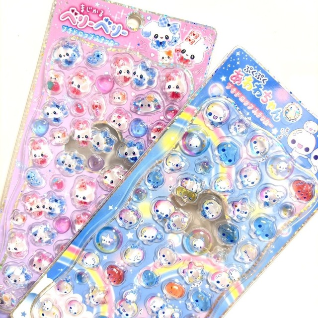 【ピンク2枚+ブルー2枚】 ブルーバブル＆ピンクうさぎ キラキラレーザー 立体エンボス ぷっくりクリスタルシール バブルちゃん 可愛い デコレーションステッカー 手帳 スマホ ノートデコ