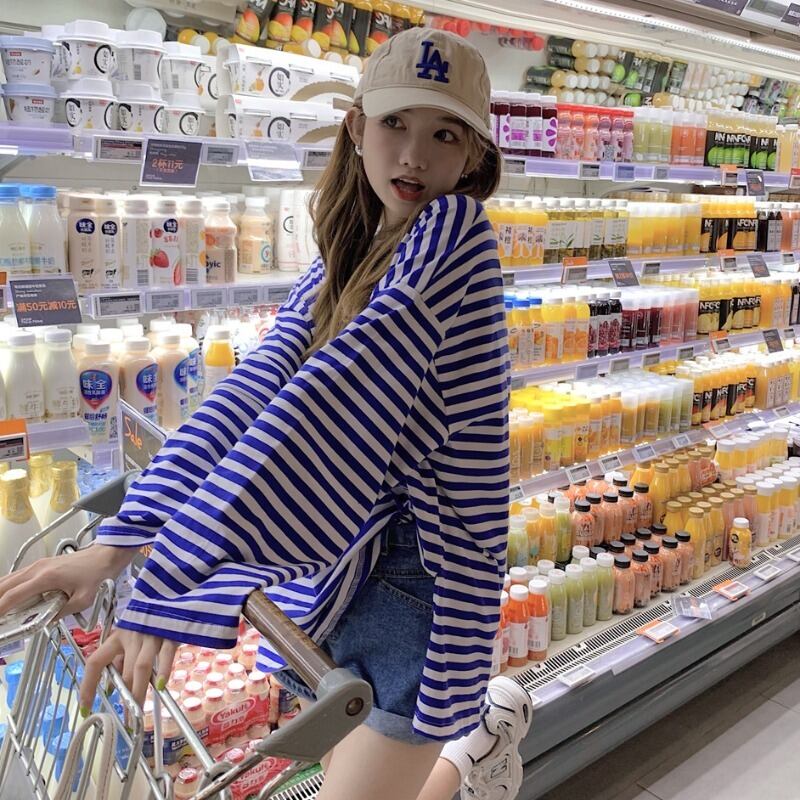 ストライプTシャツ スプリングオータムルーズ ロング レッド 春物 秋物 萌量不足5093600538