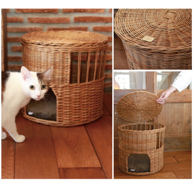 皮付きラタン 筒型キャットハウス
