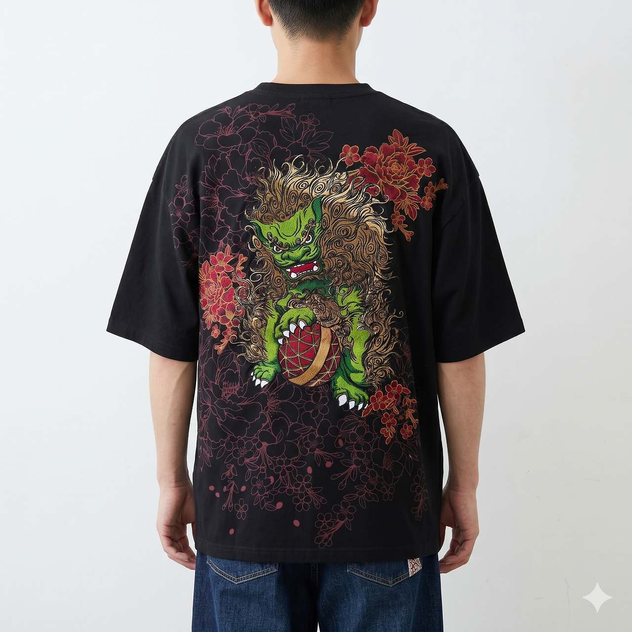 絡繰魂 Tシャツ XXL ブラック 唐獅子 牡丹 刺繍 和柄 綿100 カラクリ