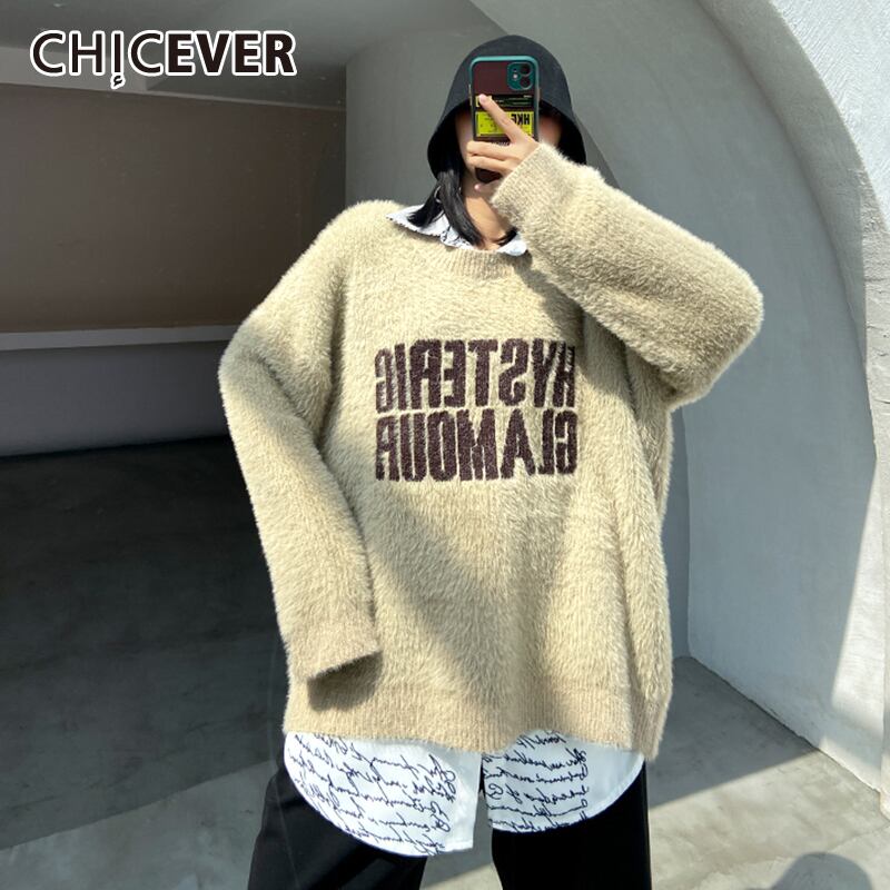 CHICEVER刺繡セーター女性Oネック長袖レタールーズニットプルオーバータイド ロング 刺繍 6base512937651249