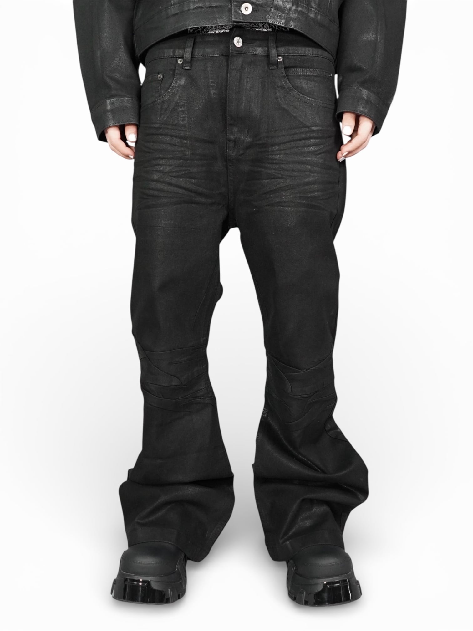 PLANET STUDIO】wax coating flare denim pants | OVERTURE WEB SHOP
