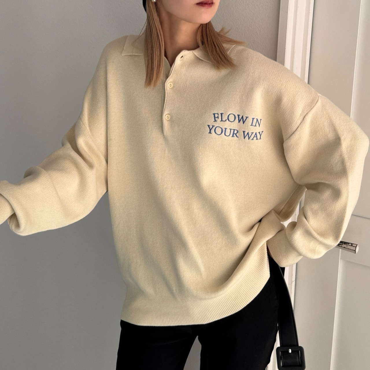 ロゴ刺繍ルーズシルエットポロknit/クリーム