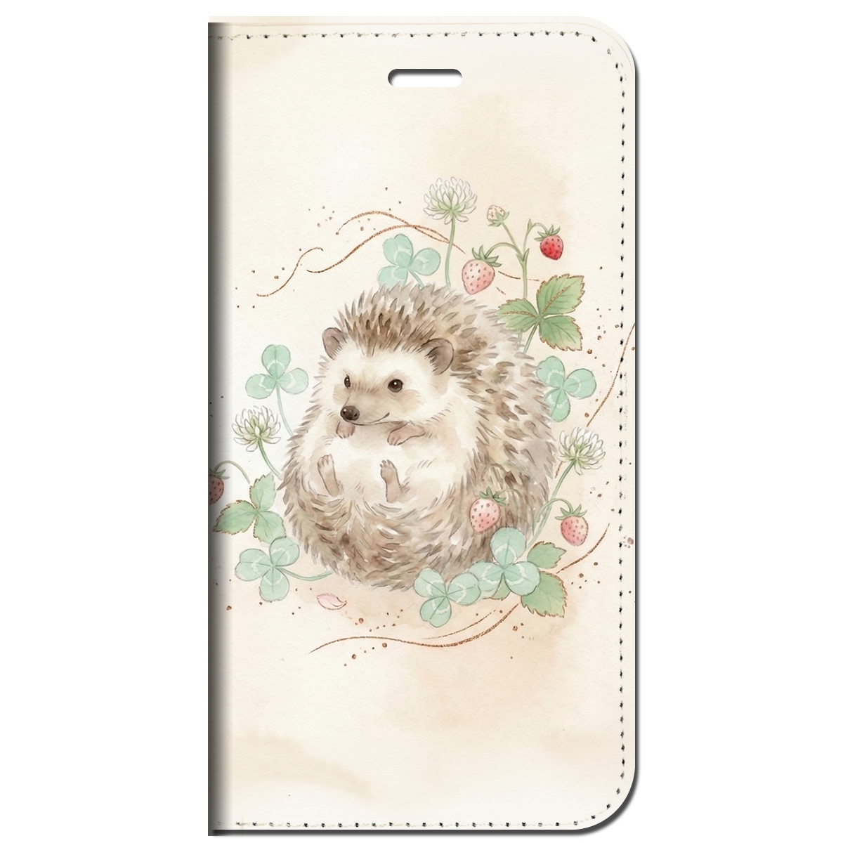 iPhone対応 スマホ 手帳型ケース ハリネズミ シロツメクサ サンドベージュ ミントグリーン 水彩 クローバー 水彩画 大人可愛い 癒やし スマホケース スタンド 【iPhone17 / iPhone16e / iPhone16 他 iPhone各機種対応】 |ianuan06