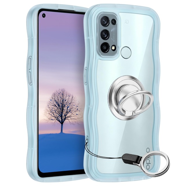 OPPO Reno5 A ケース ブルー ウェーブ リング付き TPU波状のバンパー 半透明 スマホケース かわいい うねうね オッポ Reno5A ウェーブ デザイン 可愛い 韓国 女性用 薄型 人気 おしゃれ 耐衝撃 ストラップホール付き(ブルー)