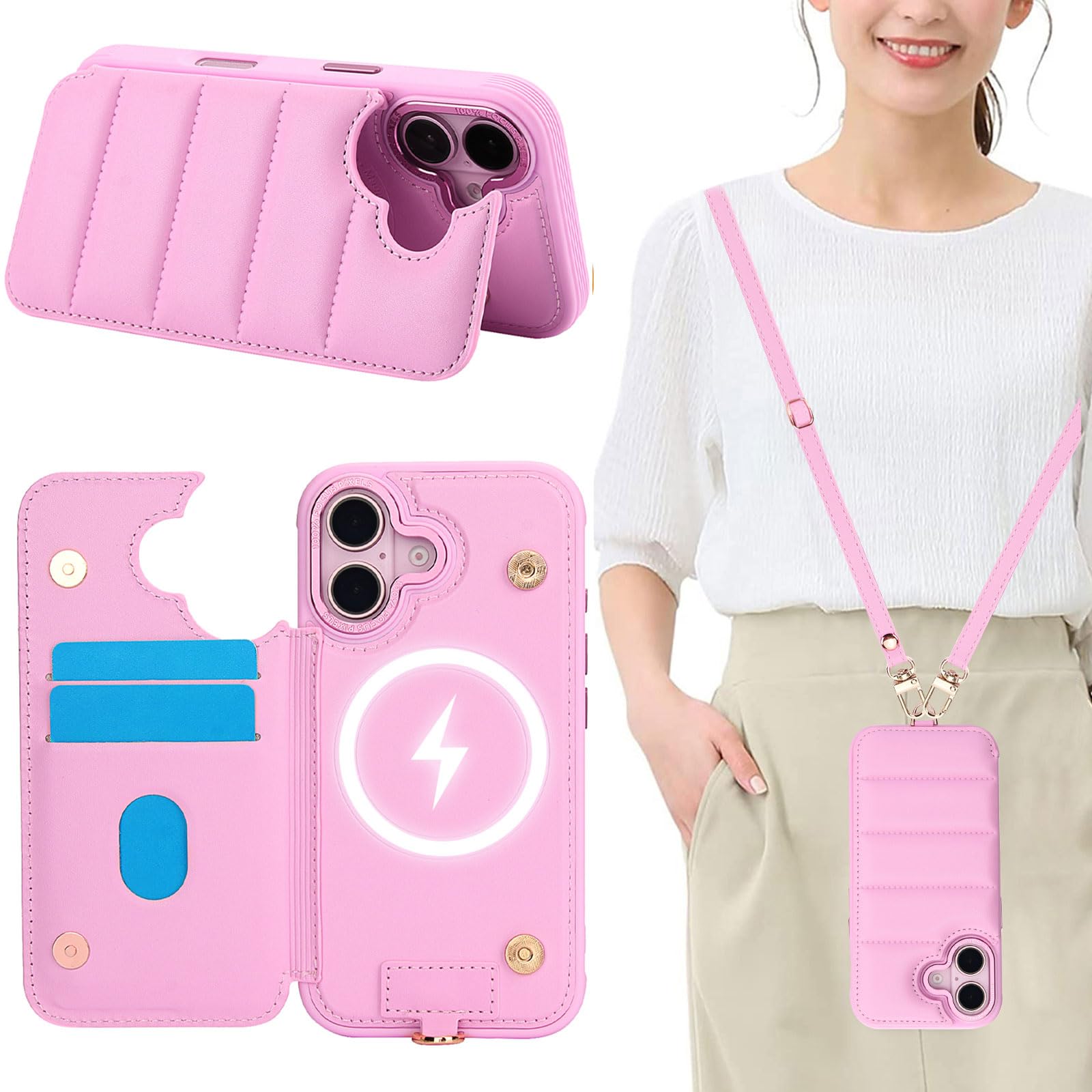 ALSDKEZI iPhone16 対応 ショルダーケース MagSafe対応 背面 手帳型 カード収納 男女兼用 スマホケース キックスタンド クロスボディストラップケース 肩掛け斜め掛け 財布付き 携帯カバー Crossbody Case レザー ストラップ付き, ピンク/Pink