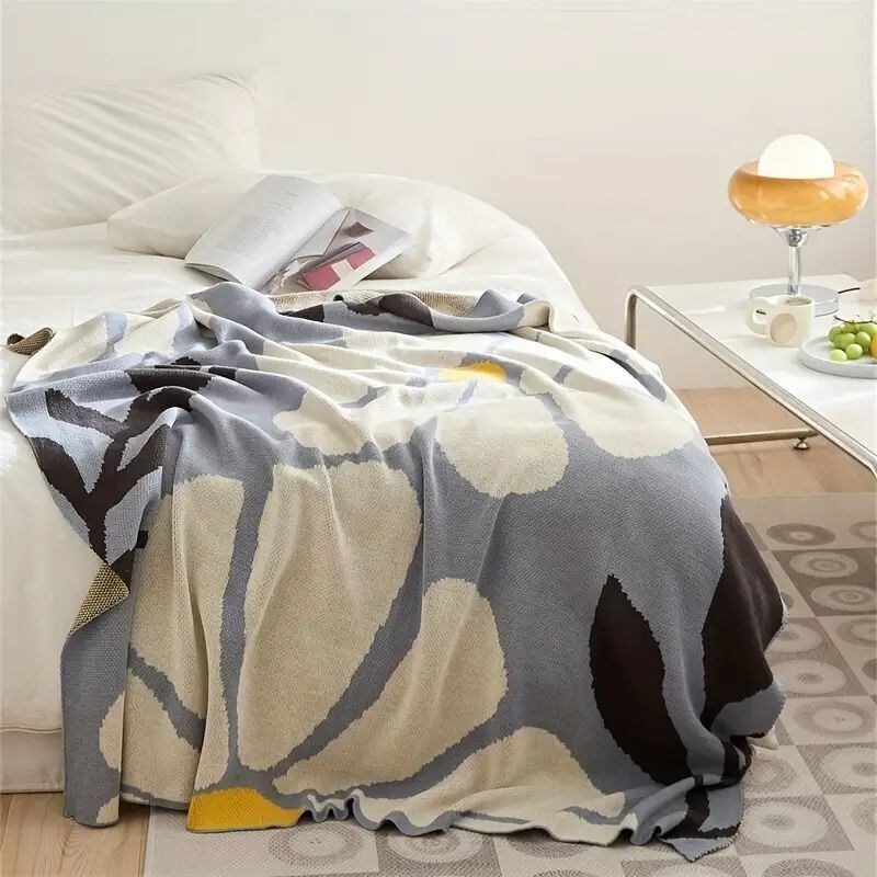 63☆大判 ブランケット ニット 綿100 イエロー 160*200cm イエロー