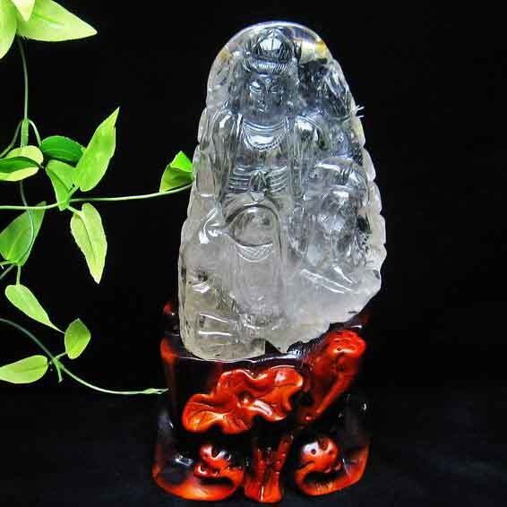 1.5Kg クリスタルクォーツ 水晶 手彫り観音置物 台座付属 154-2