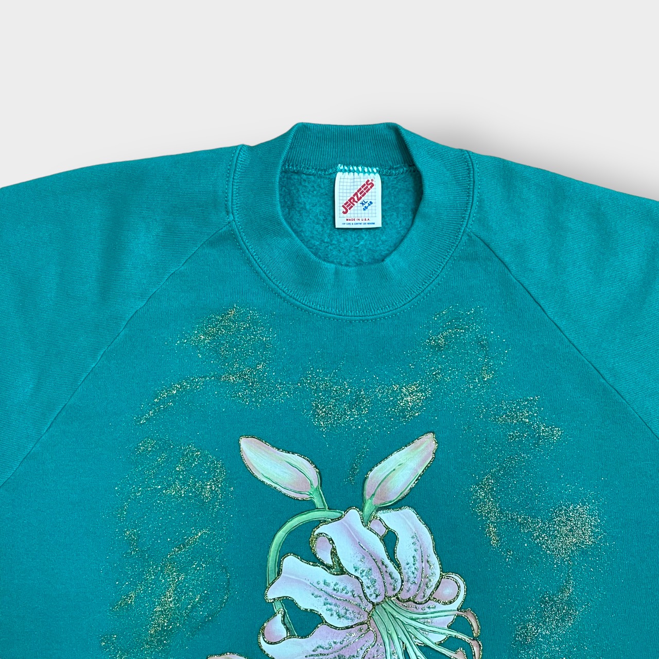 JERZEES 80s USA製 スウェットシャツ トレーナー カワイイ系 ラメ 花 ラグラン エメラルドグリーン SWEATSHIRTS XL ヴィンテージ US古着