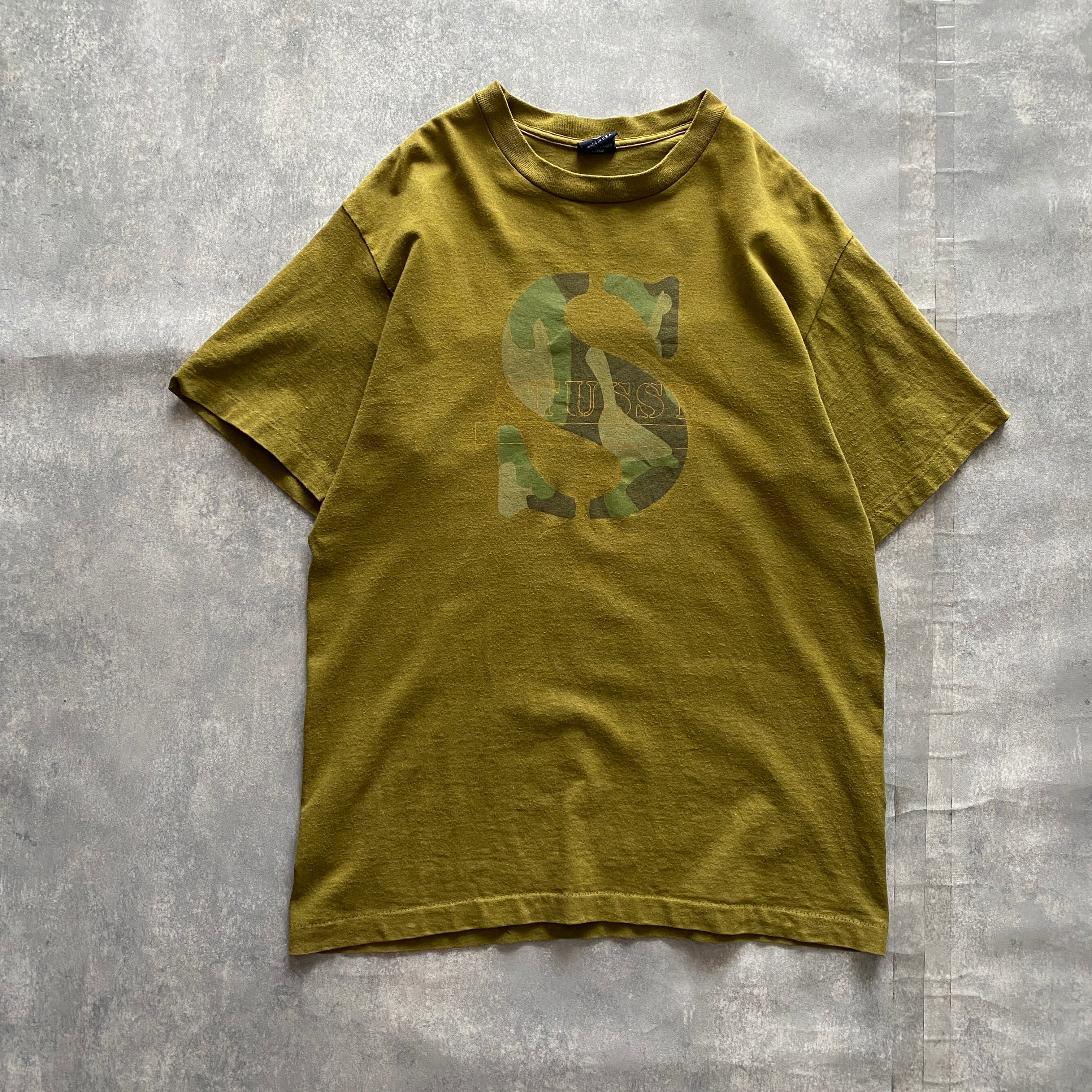 【USA製】90’s オールドステューシー　Sロゴ　迷彩プリント　カーキグリーン　Tシャツ