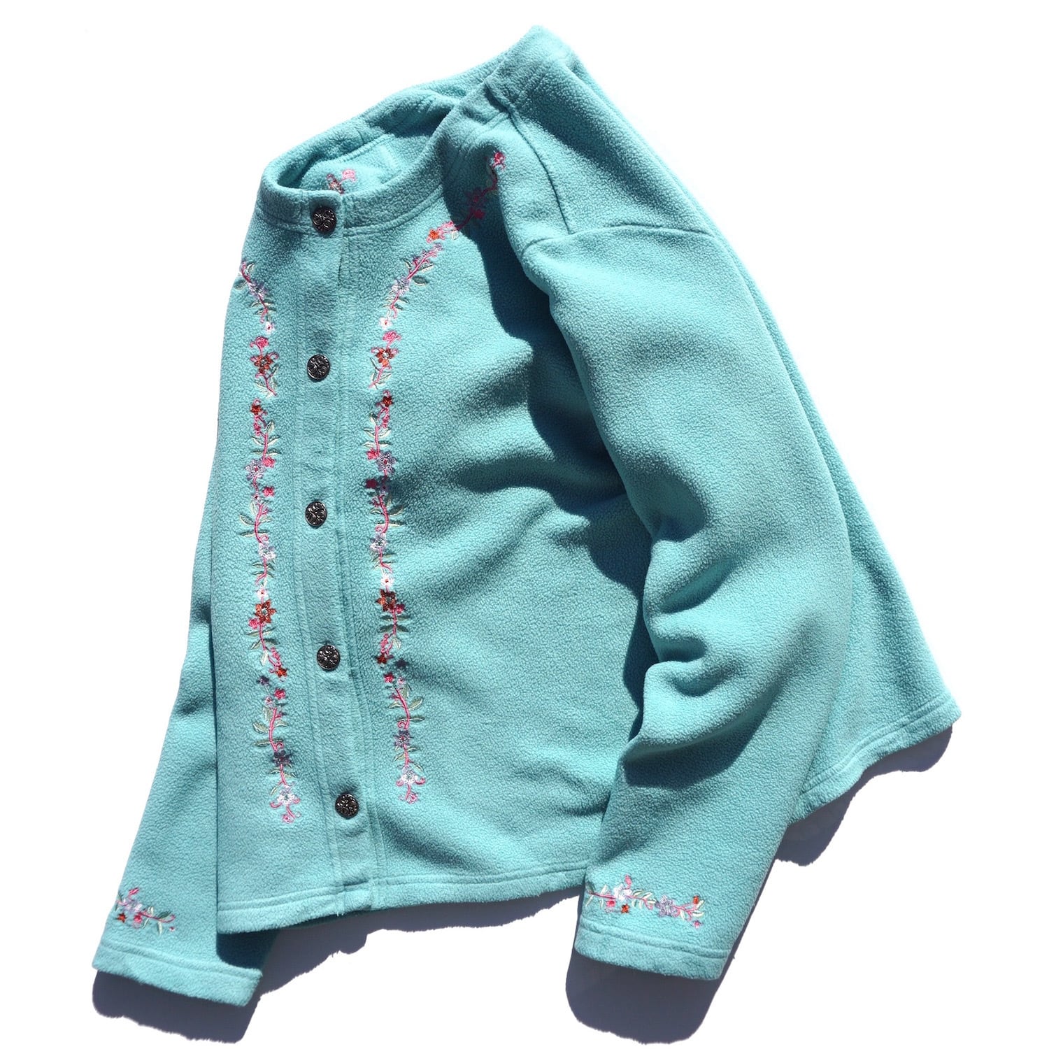 2000's チロリアン風刺繍メタルボタン カラーレス フリースジャケット POLARTEC ミントブルー  表記(women's L) エンブロイダリー MAGNOLIA WEBSTORE