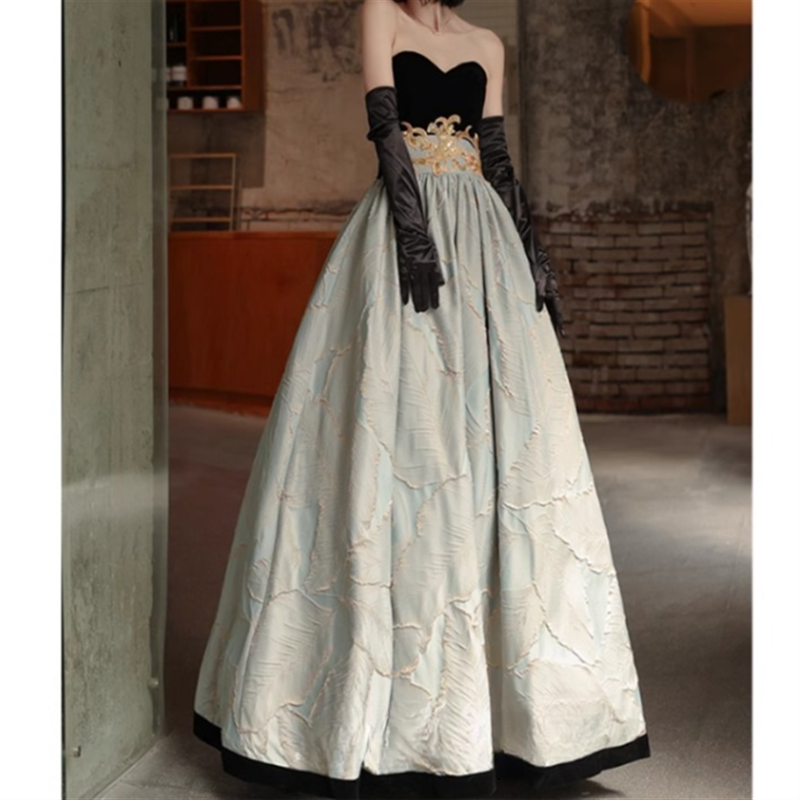 グローブ付き切り替えリーフ柄ドレス D1050