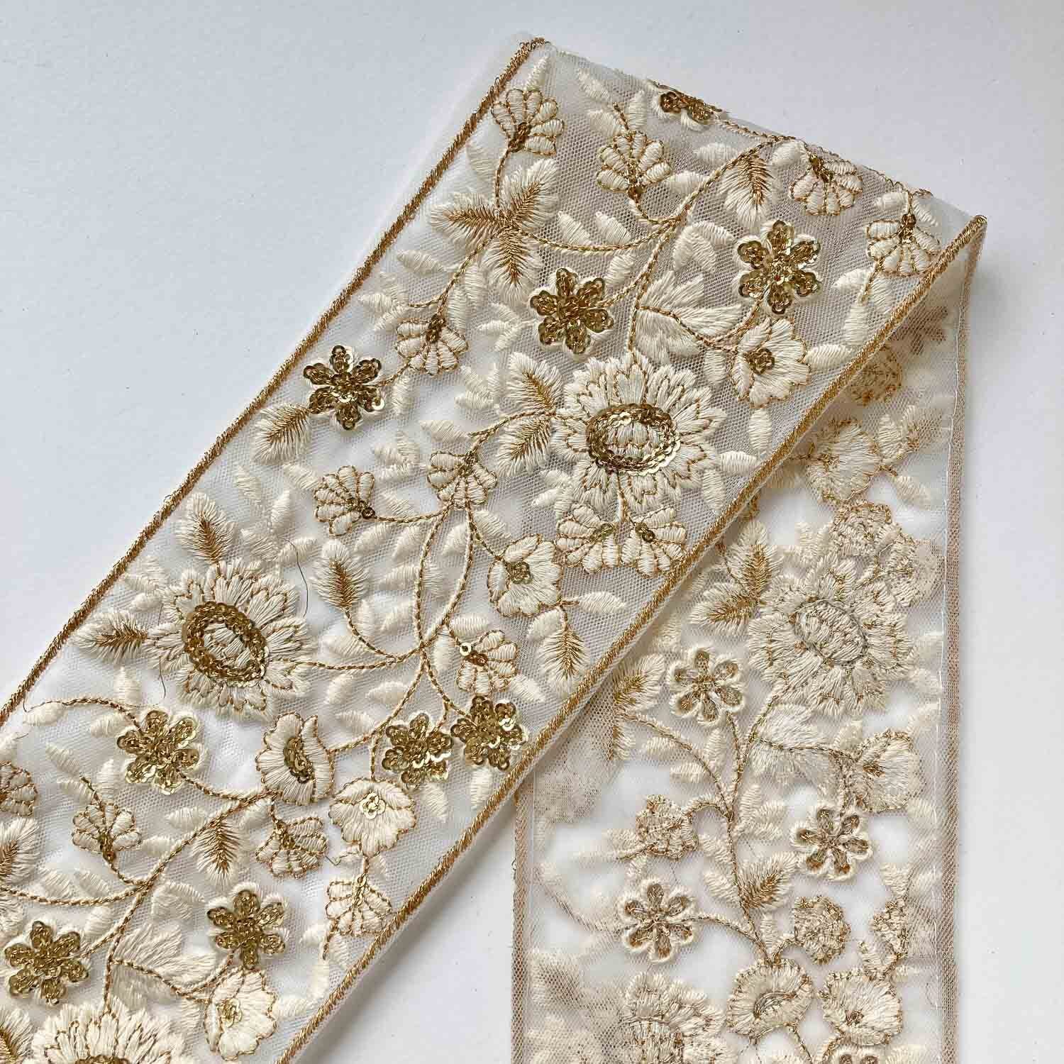 新色追加〉白花ゴールドライン太幅刺繍チュールレース（50cm〜） | Dua