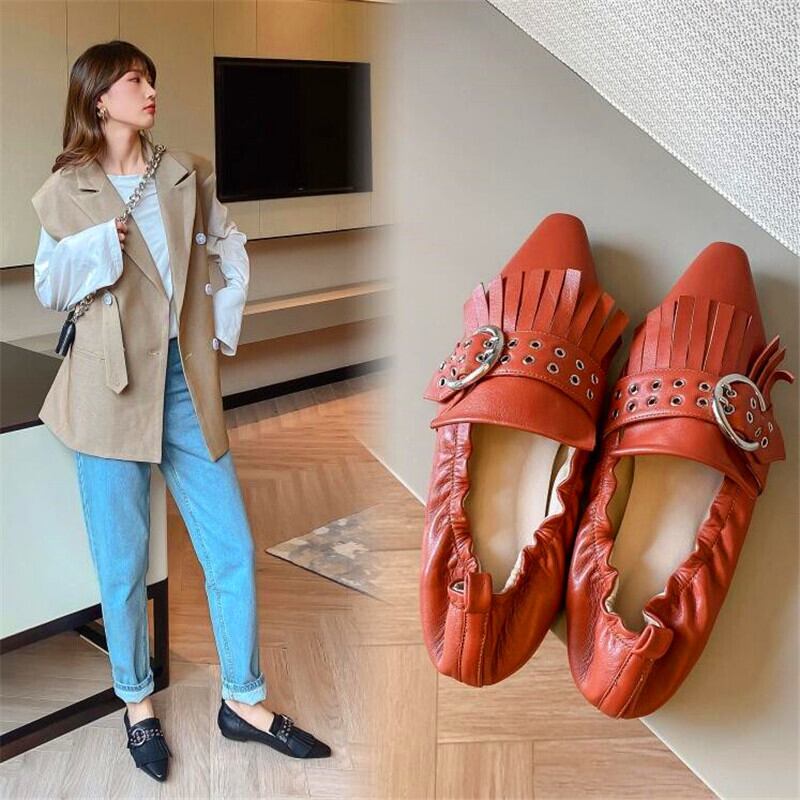 【新作】【送料無料】 フルレザーニューテルレディースシングルシューズポインテッドメタルバックルデコラティブフラットシューズ春秋レディースカジュアルシングル 靴 スプリング 春物 オータム 秋物 10b333477455923