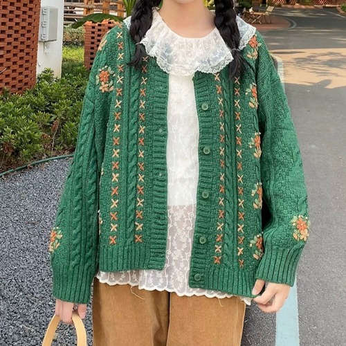 ラインフラワー刺繍ニットカーデ ・12054