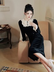【0266】Velvet Retro Straight Long Sleeve Dress