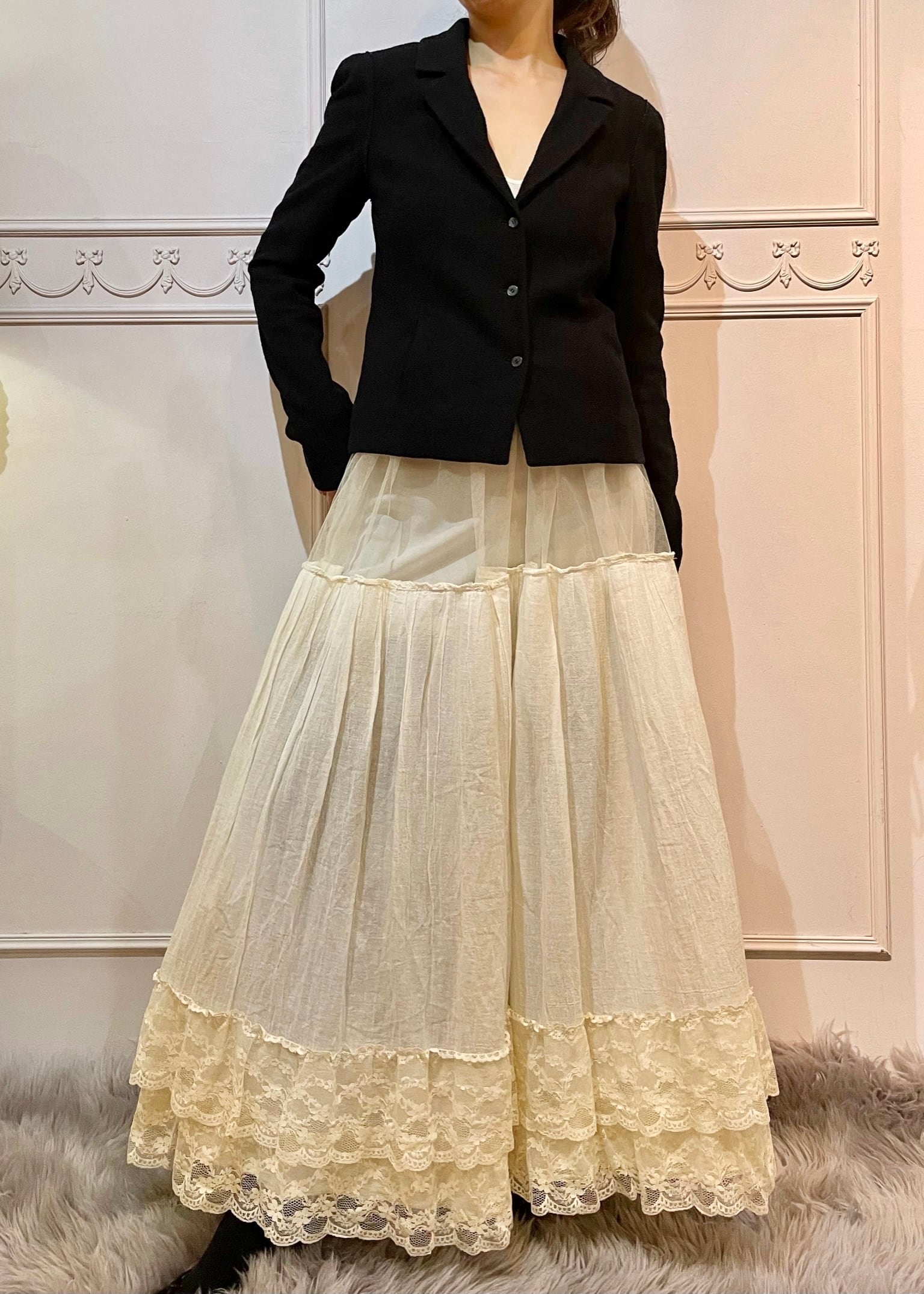 【美品】 フランシュリッペ　オーダーチュールスカート　レース　ペチコート　ロング チュールレースロングペチコート | lila