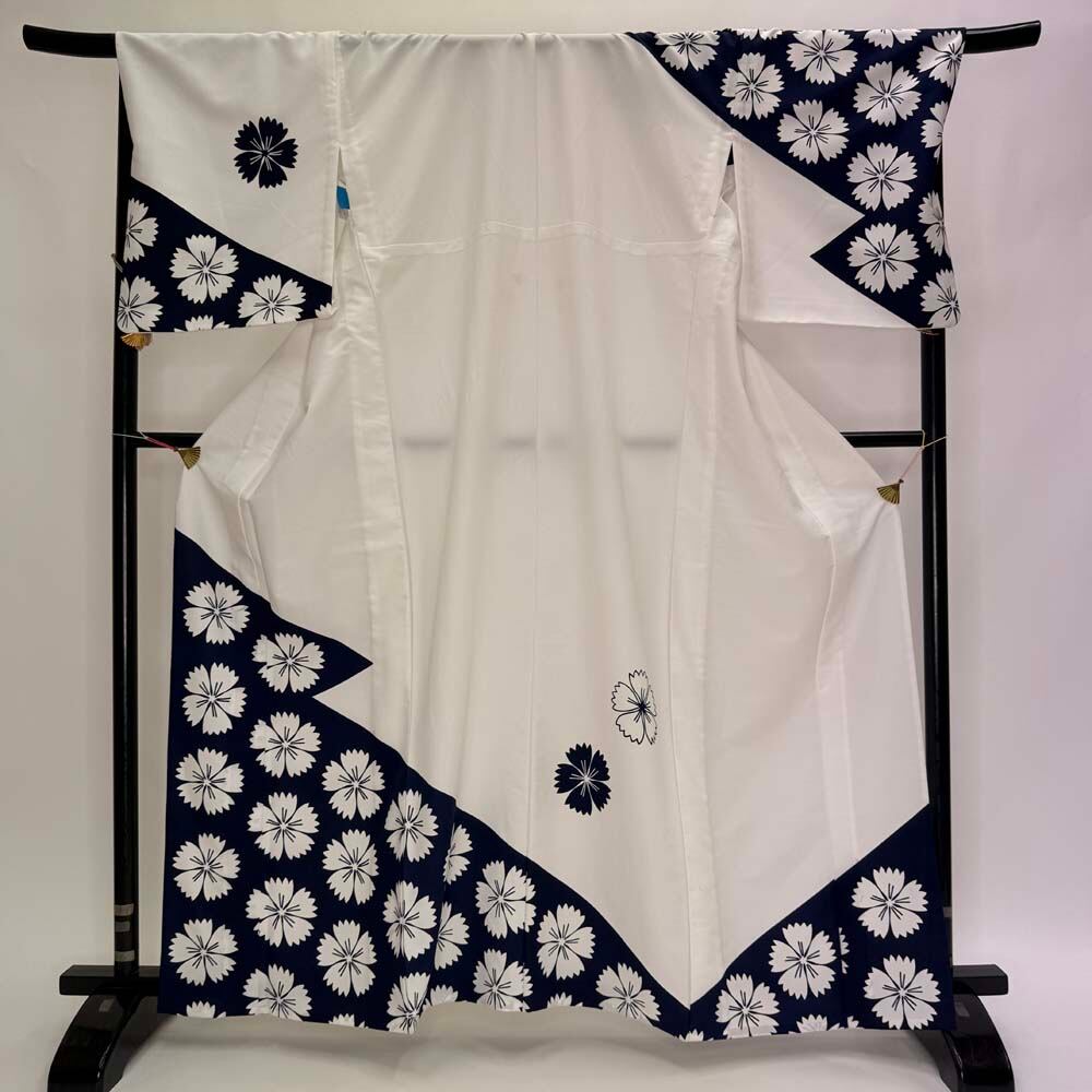 訪問着 付け下げ 単衣 洗える着物 礼装 ポリエステル 裄71cm 身丈162.5cm 2L サイズ 白 紺 5346