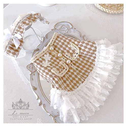 予約【№B02385】チェック柄 パールモチーフ フリルワンピ(ヘッドドレス:オプション)