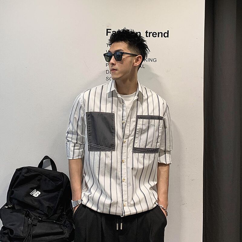 ストライプシャツ ポケットジャケット ロング ステッチ Xu_Tailang43881115573