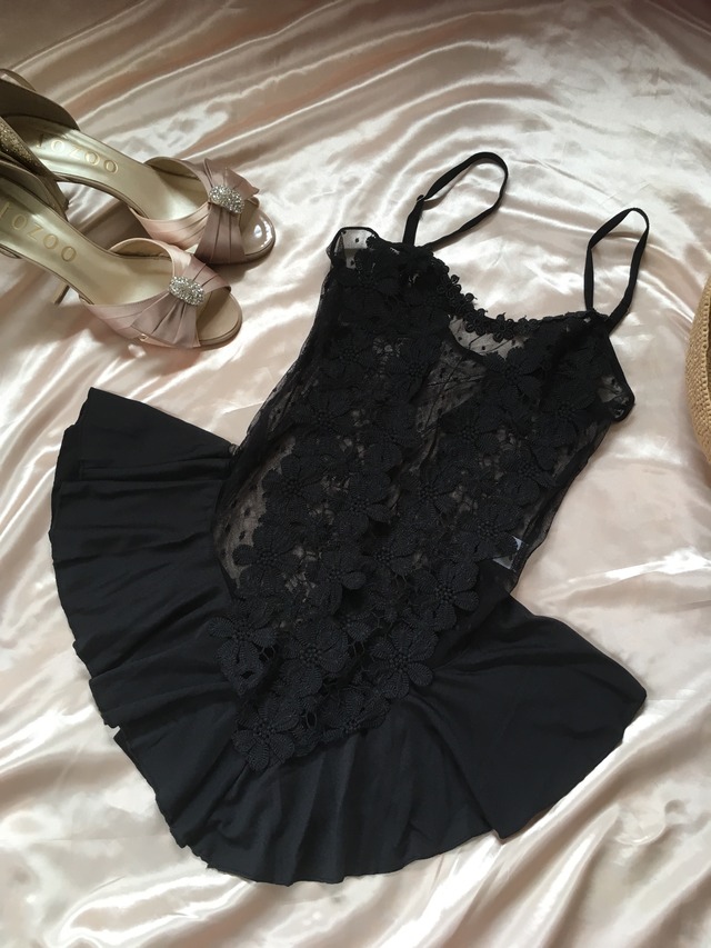 ドット×お花レース キャミ black