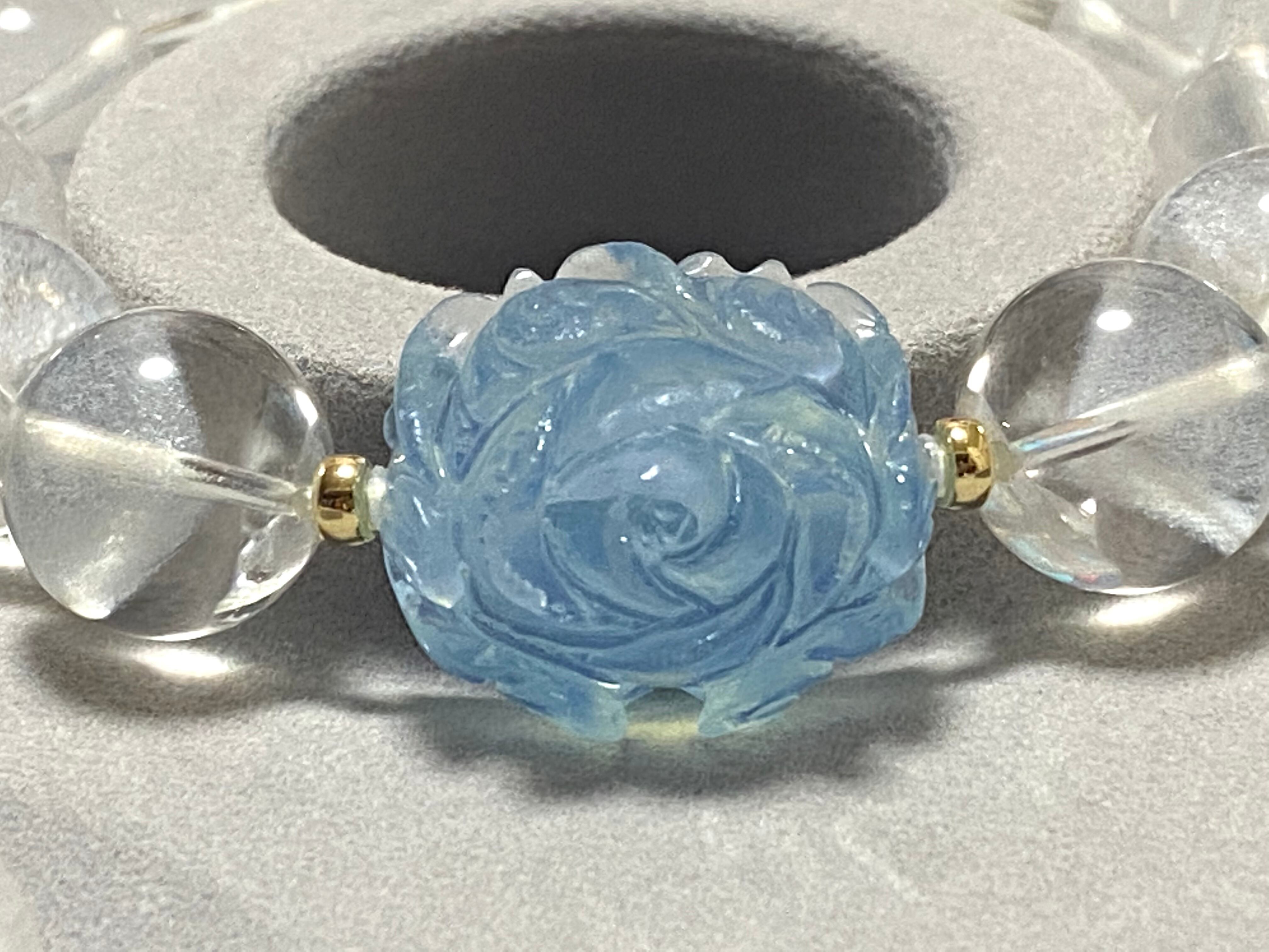 高品質♡天然アクアマリン＆水晶 デザインブレスレット お花彫り | www