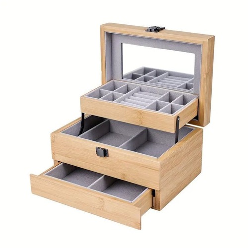 ジュエリーボックス 3層 竹製 鏡付き 多目的収納 アクセサリーケース 大容量