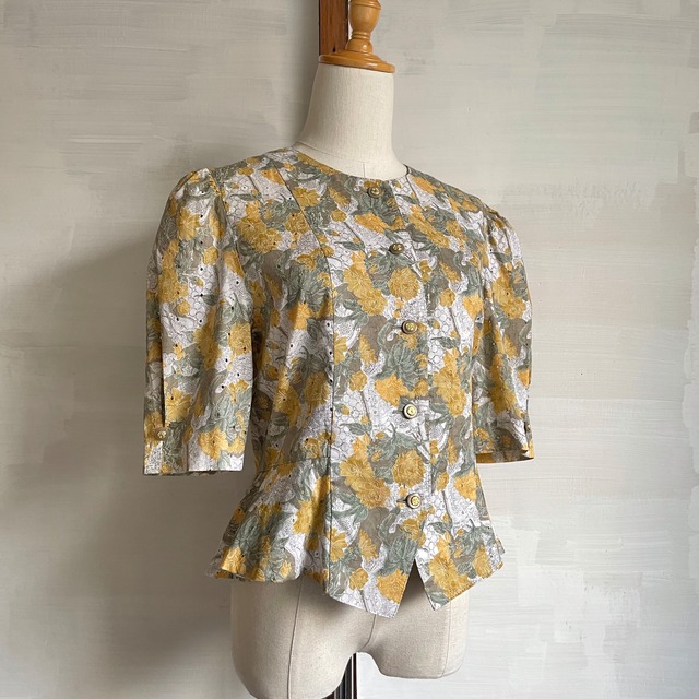 mustard yellow floral peplum blouse 〈レトロ古着 マスタードイエロー 花柄 ペプラムブラウス 日本製
