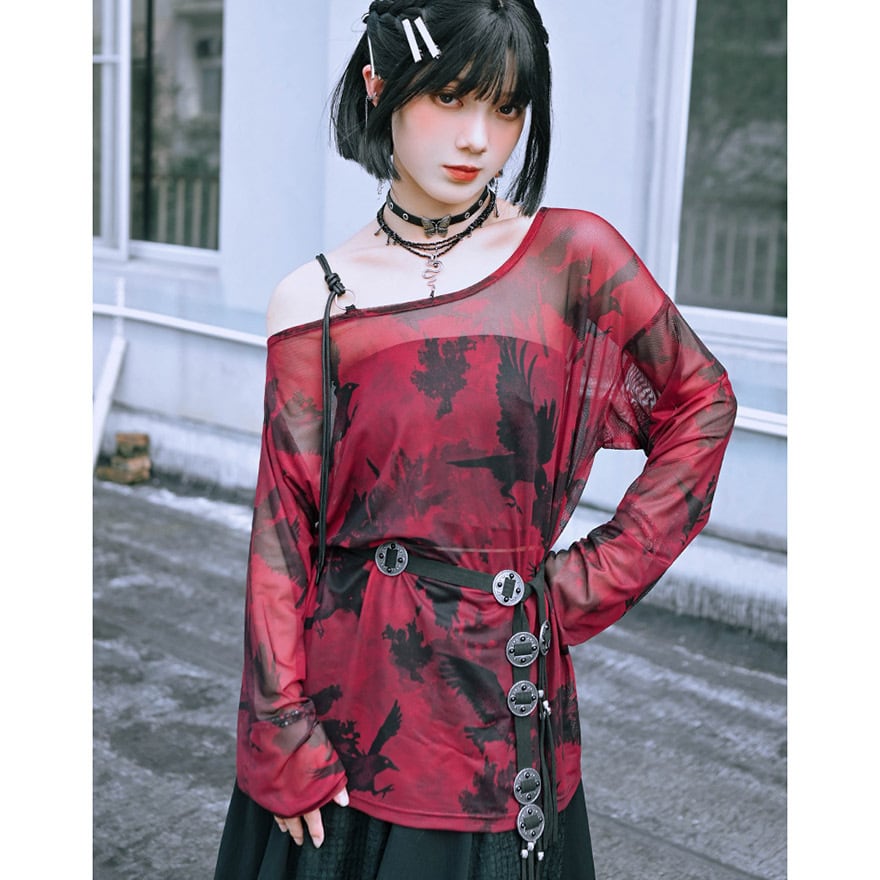 サブカル 服 地雷系 通販 チャイナ風服 古怪舎 長袖シャツ オープンショルダー メッシュ 夏服 中華系ファッション