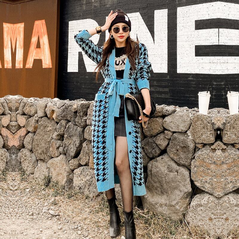 【新作】【送料無料】 2023 韓国シックなレトロ怠惰なスタイル千鳥格子ロングニットルーズレースアップカーディガンセータージャケット 5767 0343691866656