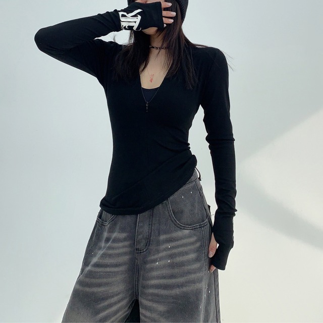 tight silhouette V-neck zipper　タイトシルエットVネックジッパー　J0666