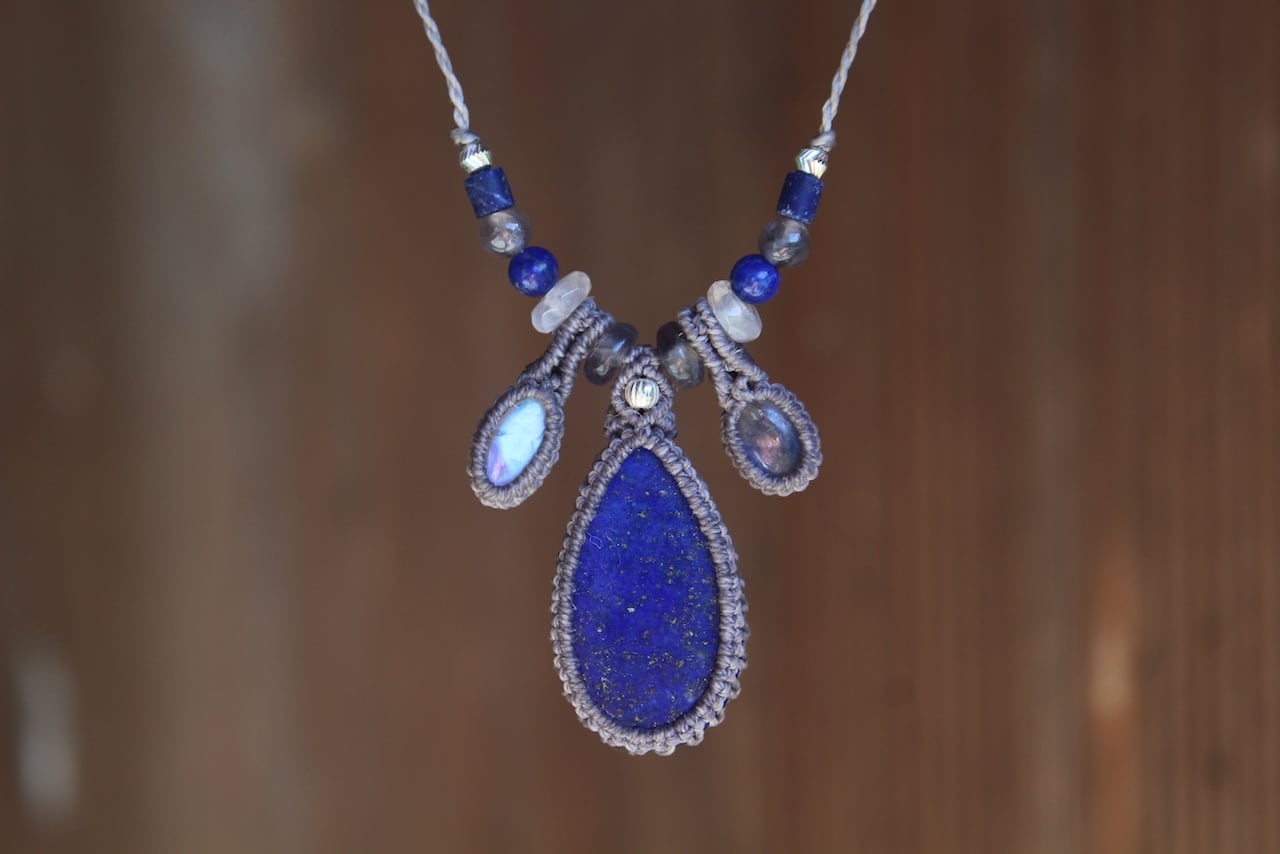 Lapis lazuli & Rainbow moonstone & Kyanite micro macrame necklace