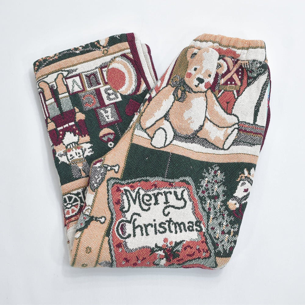 Remake リメイク ルーズシルエット ジャガード クリスマス風景柄 デザイン ラグパンツ ブランケット パッチワーク イージーパンツ 再構築 コットン W66~92cm