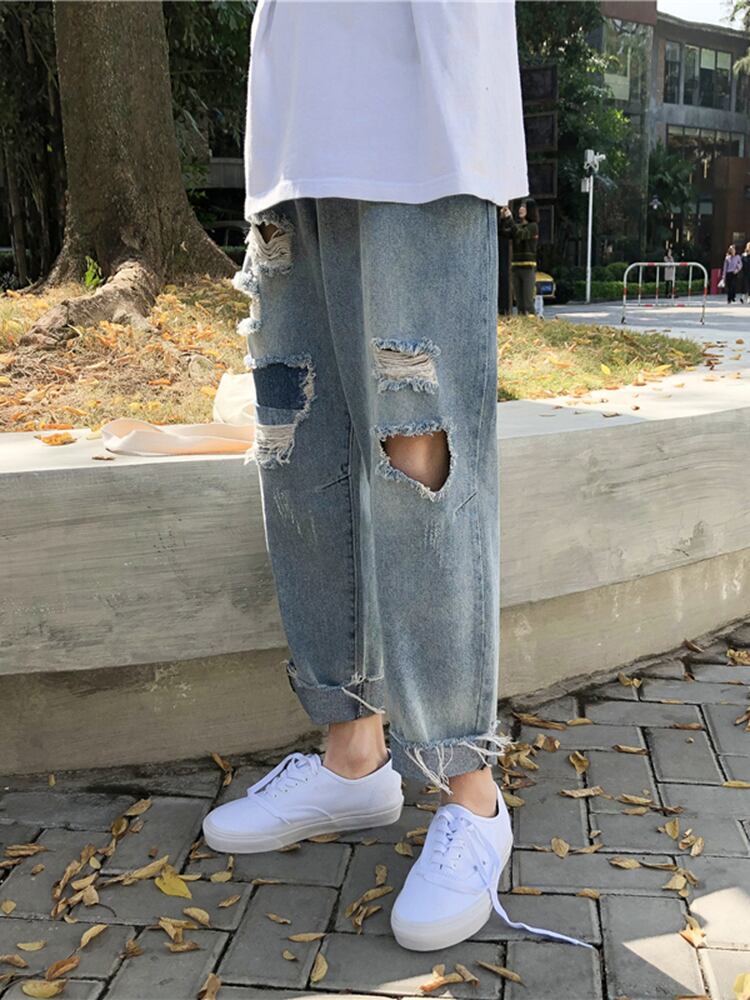 全1色 デニム パンツ ストレート カジュアル ダメージ おしゃれ