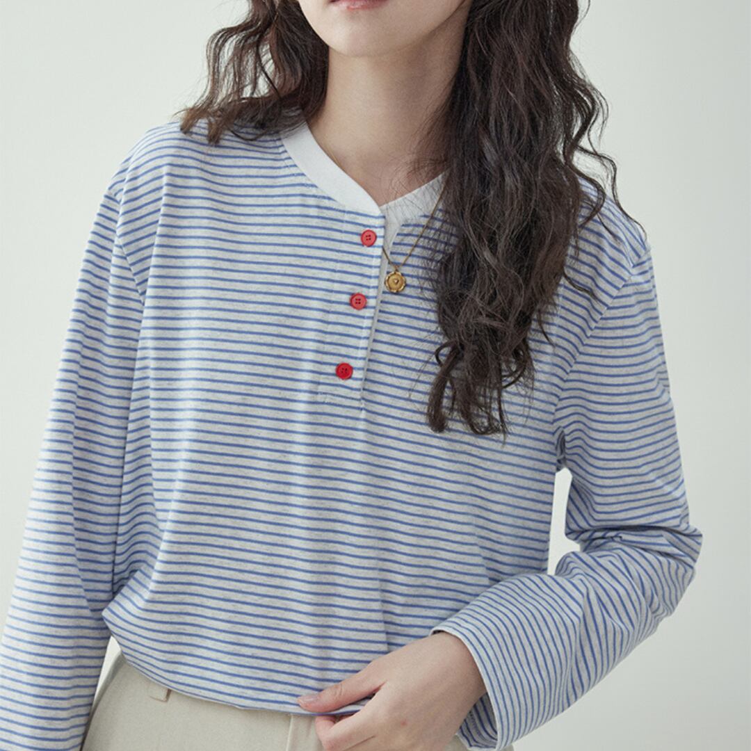 korean style color block stripe button long sleeve shirt